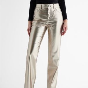 Express High Wasted Beige Metallic Faux Leather Modern Straight Pant, so 8 long